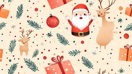 A 2D cute cartoon Christmas pattern featuring Santa, reindeer, and presents, arranged in a playful style on a pastel background. 