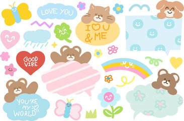Cute illustrations of teddy bear, cat, butterfly, puppy, rainbow, flowers, heart, good vibe text, stars, cloud, rain for cartoon, text bubbles, comic, dialogue, blossom elements, floral print, sticker