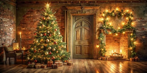 Fototapeta premium A warm and inviting holiday setting with a beautifully decorated Christmas tree, a glowing fireplace, and charming rustic decor.