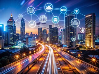 Obraz premium Night Photography of Linear Icon Set for Advertising, Featuring Thin Line Symbols for Ticket, Computer, Microphone, and