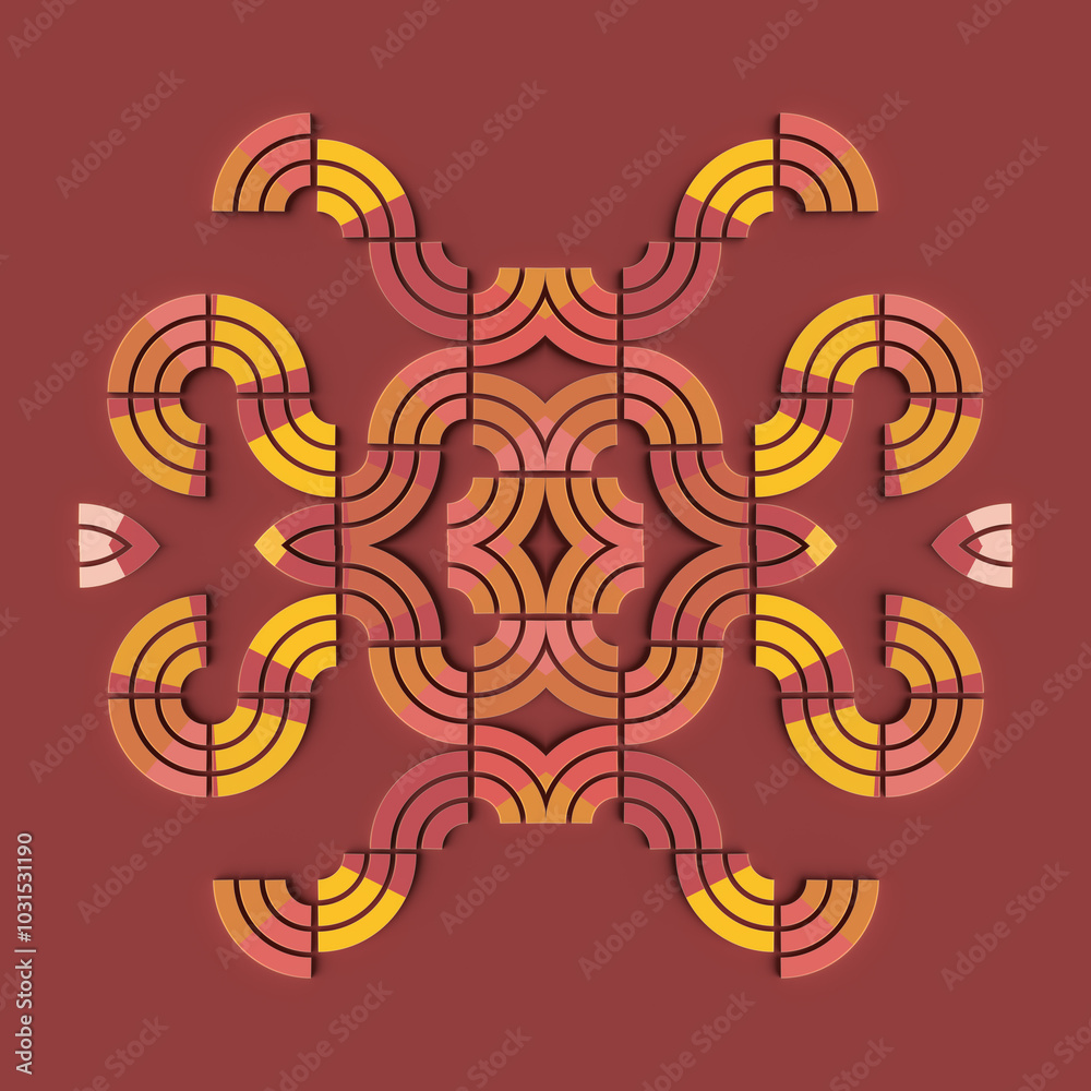 Poster Digital illustration of a symmetrical pattern of intertwined shapes resembling stylized waves. 3d rendering