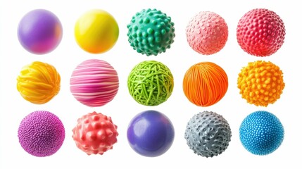 A collection of various soft and tactile sensory balls in a range of vibrant colors and different geometric textures arranged in a still life composition on a plain white background