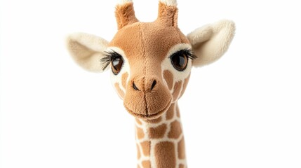 Obraz premium Closeup of a plush giraffe toy with a long neck and soft textured fabric in neutral colors like brown beige and tan isolated on a clean white background This minimalist
