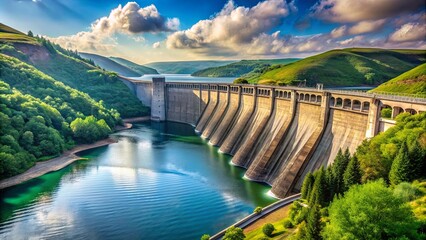 A massive concrete dam with a curved design stands tall, holding back a vast body of water, surrounded by verdant hills and a bright blue sky dotted with fluffy clouds.