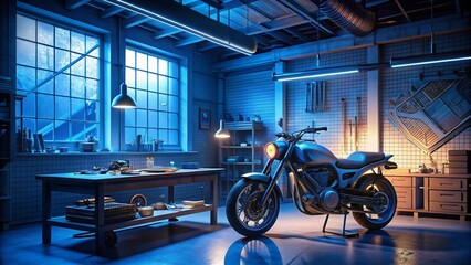 Naklejka premium Night Photography of Motorbike Blueprint in a Modern Workshop for Innovative Design Visualization
