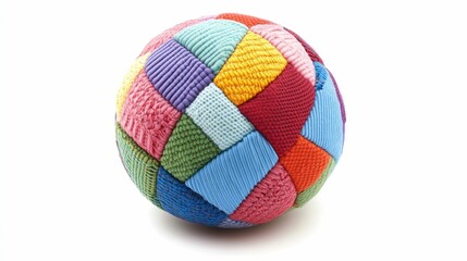 Obraz premium Colorful patchwork rattling ball with a soft baby friendly texture The spherical toy features a vibrant geometric pattern made of various textured fabrics and materials