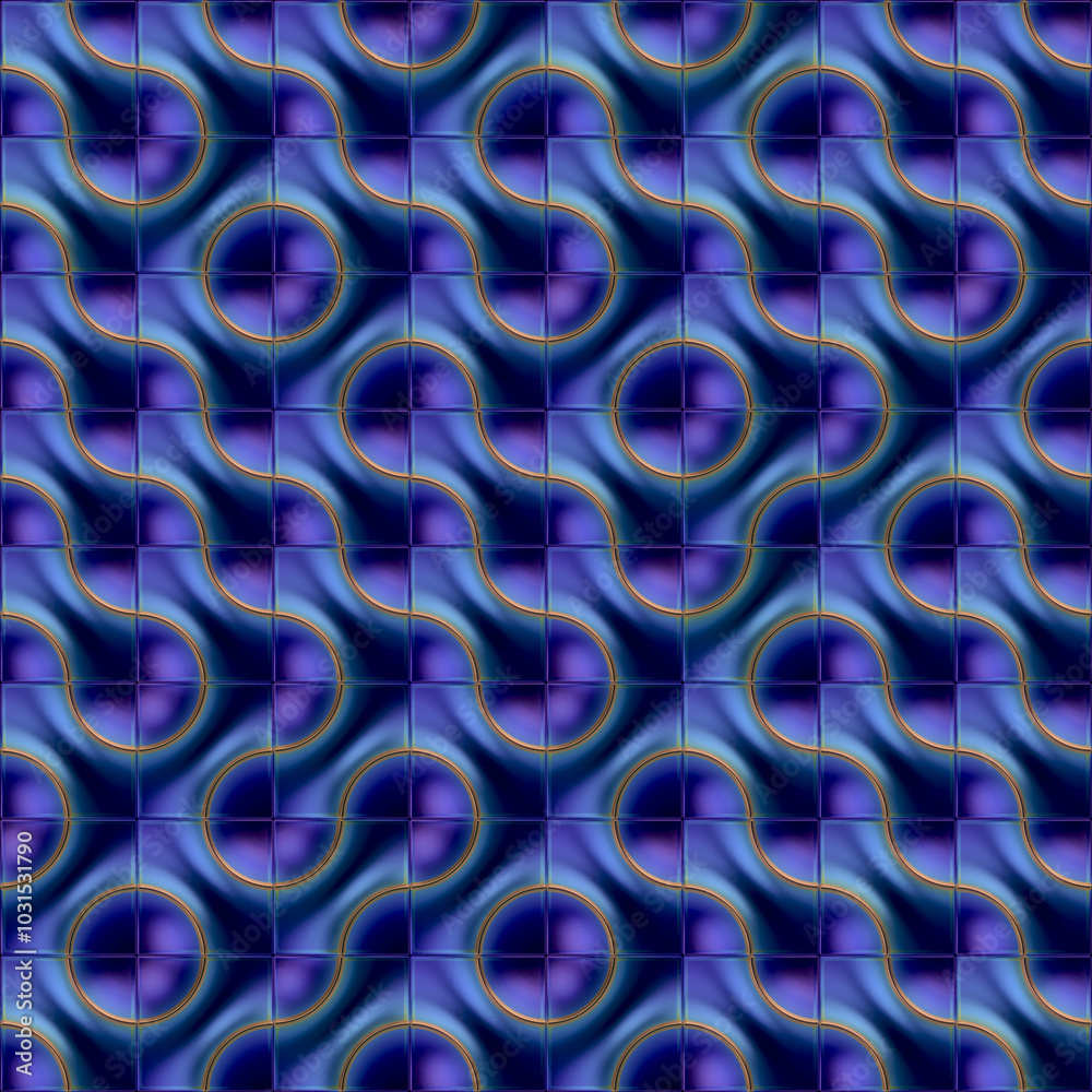 Aufkleber Digital illustration of a pattern consisting of tiles with wavy lines and circles. 3d rendering