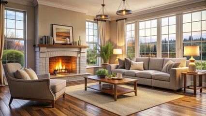 Fototapeta premium Cozy living room with a fireplace and comfy furniture, interior, room, home, cozy, fireplace, furniture, comfortable, design