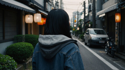 Naklejka premium 通りを歩くグレーパーカーの女の子の後ろ姿