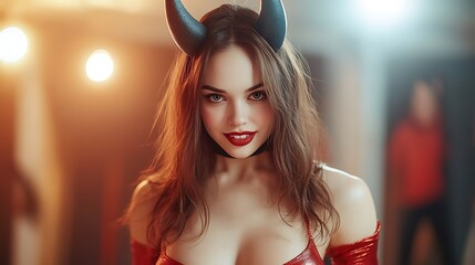 Captivating devilish charm a bold fashion statement in red with alluring features and enigmatic expressions