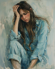 Fototapeta premium An oil painting of a woman with long hair, holding her head in front of her face, wearing a blue and brown dress, sitting on a couch, with a sad expression, looking down at her hand,a blurry backgroud