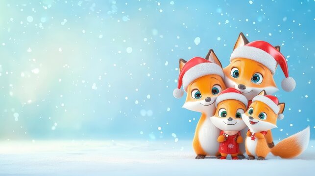 Fox family with Santa hats, posing for a holiday photo in the snow, joyful Christmas scene, cute cartoon 3D illustration