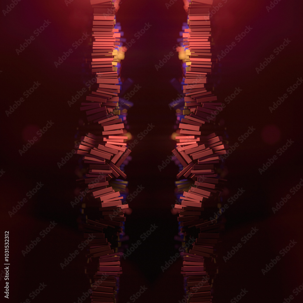Poster illustration of multiple metal rectangles on dark background. 3d rendering