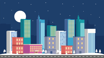 Cartoon night city buildings vector illustration. Modern city landscape with buildings, skyscrapers, roads, and the moon. Suitable for cover design, templates, banners, web, and pages