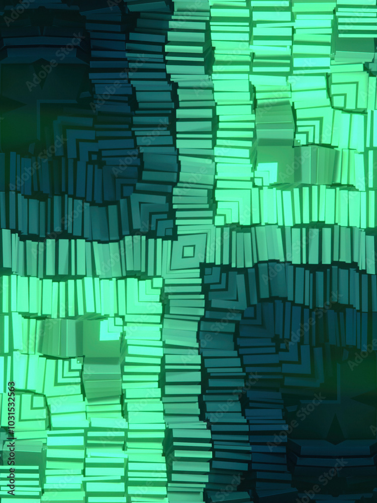 Poster Abstract symmetrical pattern of wavy stripes of rectangles with green gradient. 3d rendering illustration