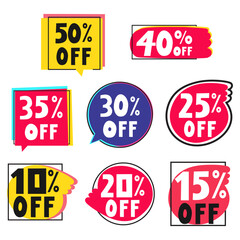 Set of commercial badges, signs, icons about sale. 10% off, 20%off, 30% off, 50% 0ff. Isolated icons. Illustrations on white background.