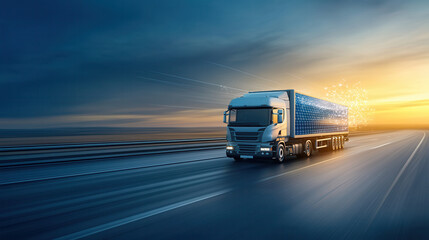 Futuristic solar powered semi truck traveling on highway at sunset, showcasing advanced technology and eco friendly design. scene evokes sense of innovation and progress