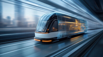 Futuristic electric tram moving through modern cityscape, showcasing advanced technology and sleek design. vibrant lights and dynamic motion evoke sense of innovation and progress