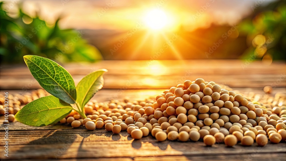 Canvas Prints A Pile of Soybeans Against a Blurred Sunset Background, Adorned by a Delicate Green Sprout, Illuminating the Essence of Natural Growth