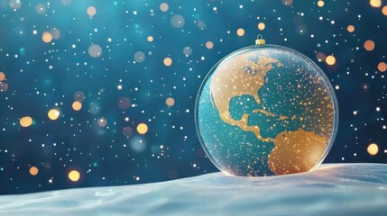 Naklejka premium Christmas snow globe with Earth at the center, holiday lights twinkling in space, cute cartoon 3D illustration
