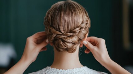 Elegant woman seated at a salon getting her hair braided into an intricate detailed updo hairstyle by a professional stylist The portrait captures the process of this custom