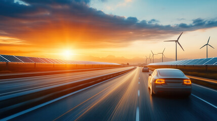 Obraz premium scenic highway featuring electric vehicles, solar panels, and wind turbines under vibrant sunset. image captures essence of sustainable transportation and renewable energy