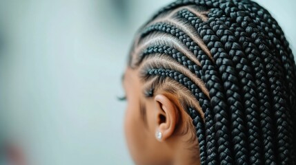 Close up of an intricate detailed braided hairstyle being styled on a woman s head at a professional hair salon showcasing the and skill of ethnic hair braiding as part of a beauty care routine