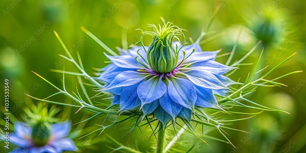 Sticker A delicate blue flower with a pointed center, surrounded by thin green stems against a backdrop of blurred green foliage.