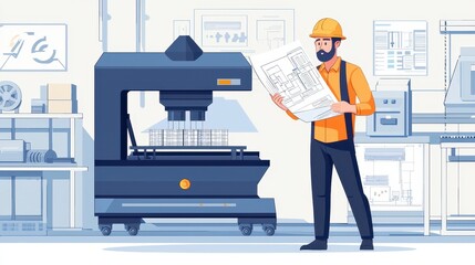 Naklejka premium Engineer Reviewing Blueprint in Modern Workshop