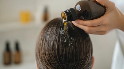 Fototapeta premium Hairdresser professionally applying nourishing hair oil to woman s hair preparing for a deep conditioning treatment in upscale beauty salon Hair care ritual to restore moisture