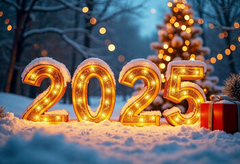 Happy new year 2025, numbers design, sign of 2025 on bright shine christmas background