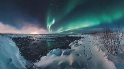 Fototapeta premium Majestic Northern Lights Over Serene Winter Landscape
