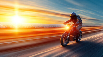 Fototapeta premium dynamic electric motorbike racing down rural road at sunset, showcasing speed and excitement. vibrant colors of sunset enhance thrilling atmosphere of scene