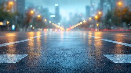 Captivating urban nightscape a rain-soaked road with glowing city lights and gentle reflections on the pavement