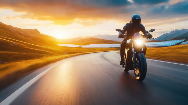 thrilling electric motorbike races down winding rural road at sunset, showcasing beauty of nature and speed. vibrant colors of sky enhance exhilarating atmosphere