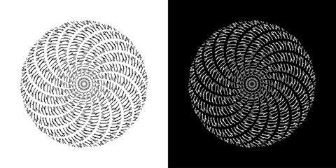 Abstract background with abstract line pattern in circles. Spiral art design as a logo or icon. A black figure on a white background and the same white figure on a black side. Mandala design with line