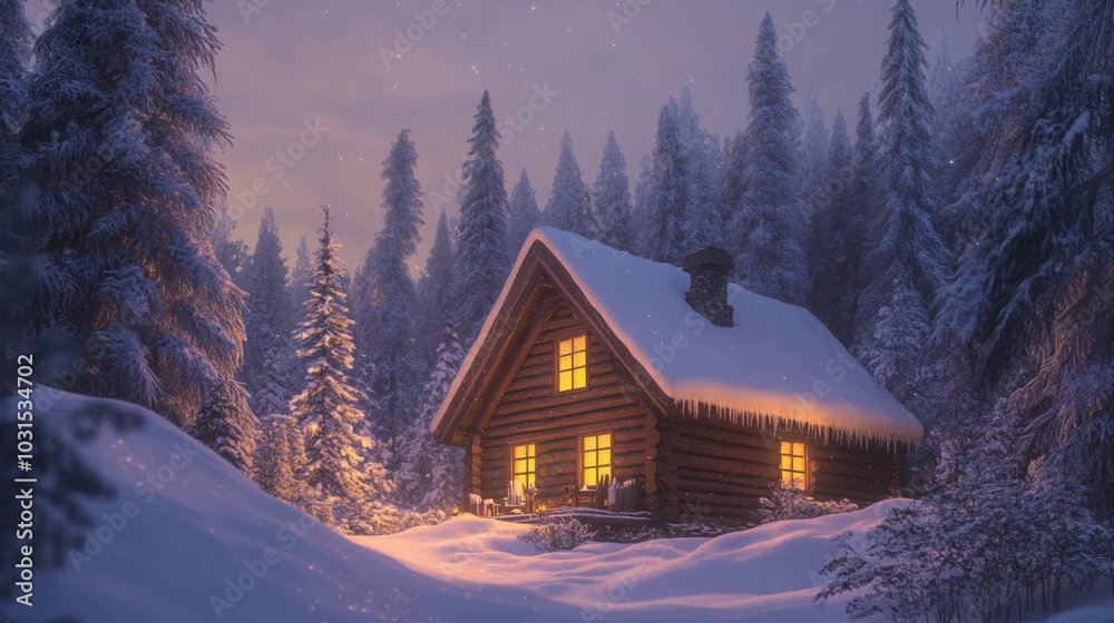 Poster a charming wooden cabin emits a warm glow from its windows, nestled in a serene winter forest. snow 