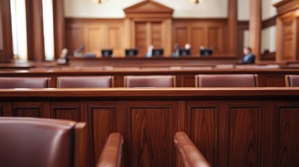 Fototapeta premium A courtroom scene featuring wooden furnishings, empty benches, and a dignified atmosphere, suggesting a solemn legal environment.