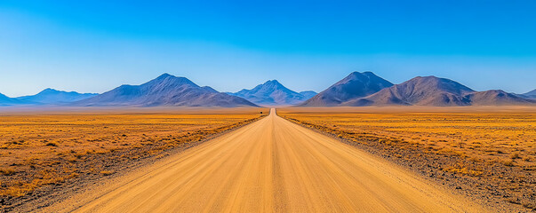 Desert highway stretching into the horizon, distant mountains, and a lone vehicle symbolizing journey and exploration, vast landscape imagery