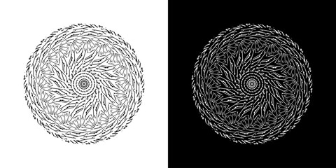 Abstract background with abstract line pattern in circles. Spiral art design as a logo or icon. A black figure on a white background and the same white figure on a black side. Mandala design with line