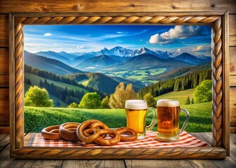 Oktoberfest Landscape with Beer and Pretzel Frame Template for Bavarian Food Celebrations