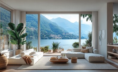 Cozy living room with sliding sash doors opening to a balcony with scenic lake and mountain views,...