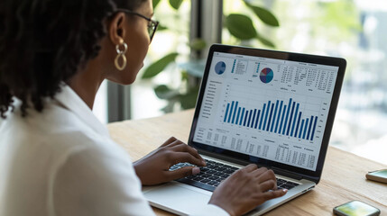 African American woman analyzing financial data on laptop screen