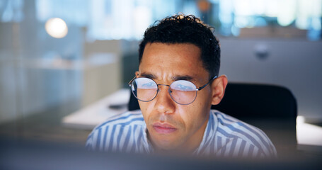 Computer, night and online with business man in office for profit margin report, client review and...