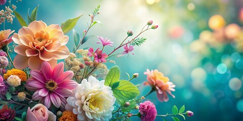 A delicate floral arrangement bursting with vibrant hues, a symphony of petals painted in soft pastel shades against a backdrop of ethereal blue bokeh.