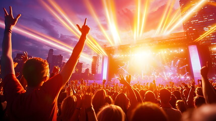 Sunset Symphony: A lone figure silhouetted against a vibrant sunset at an outdoor music festival, arms raised in joyful abandon, surrounded by a cheering crowd.