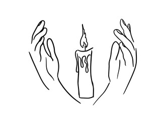 Candle in hands prayer. a religious symbol of faith in God. hand drawn. Not AI, Vector illustration