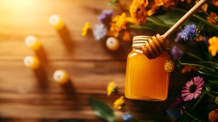 A rustic honey jar with a wooden dipper, hand-crafted label, wildflowers in mason jars, and beeswax...