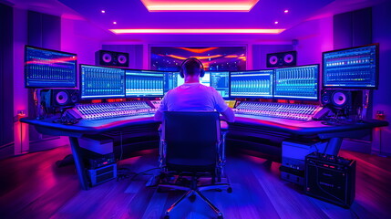 Audio Engineer's Focus: Immersed in the digital world, a dedicated audio engineer meticulously crafts sound, headphones on, eyes fixed on the mixing console.  He is a master of his craft.
