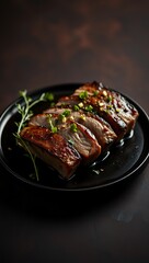 Fototapeta premium Delicious baked pork belly served with sauce and parsley